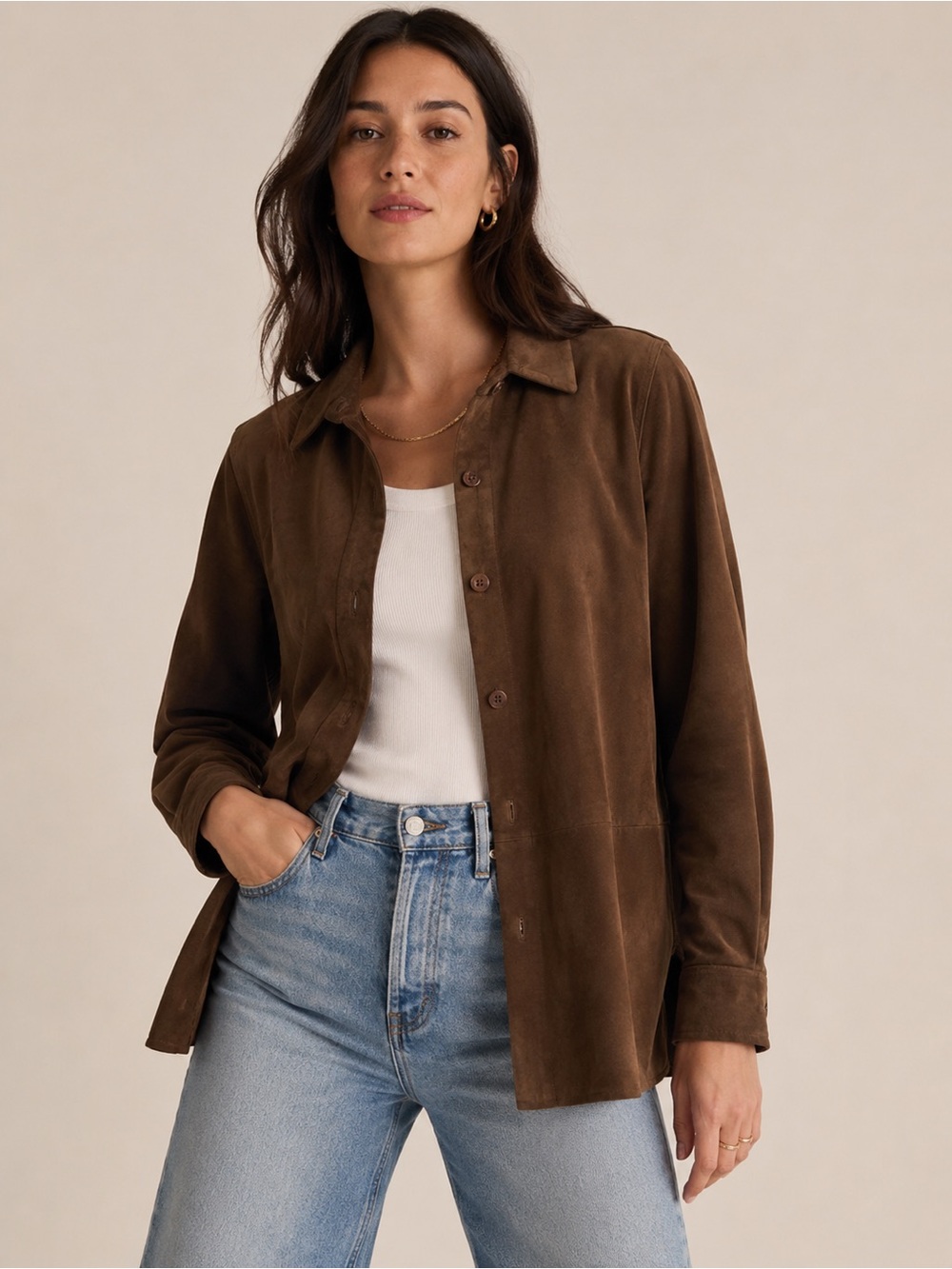 Italian Brown Suede Button-Up Shirt Jacket Light Jacket